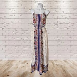 E M Bohemian-style Sleeveless Maxi Dress with a patterned print.